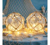 Tujoe Paquete de 2 lámparas náuticas flotantes de pesca de cristal, decoración costera de playa, estrella de mar, concha de vidrio agrietado, luz nocturna, boya náutica con luz LED para decoración de