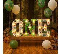 Tujoe Wild One - Decoraciones de cumpleaños de safari de la selva de 8.5 pulgadas, letras con luz LED para primer cumpleaños, niño o niña, animales, primer centro de mesa, decoración de telón de fondo