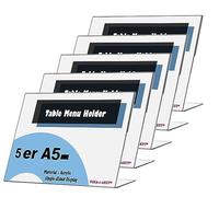 TUKA 5x Expositor de Mesa, A5 transversal, 2,5mm Acrílico Transparente, inclinado Soporte de sobremesa, Titular para Letreros de Folletos, Carteles, Fotos y Menús, Porta Carteles, TKD8201-A5-5x