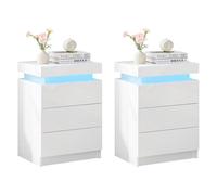 TUKAILAi Juego de 2 mesitas de Noche Blancas con luz LED, 3 cajones y mesita de Noche de Almacenamiento Superior Mesita de Noche Frontal de Alto Brillo Cajonera para Dormitorio