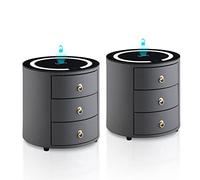 TUKAILAI Juego de 2 mesitas de noche con carga inalámbrica e iluminación LED, 2 mesitas de noche con 3 cajones cada una, moderna, redonda, gris, 46 x 46 x 46 cm