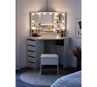 TUKAILAi - Juego de tocador blanco con luces LED RGB Hollywood, mesa de maquillaje curvada con 5 cajones, 3 espejos y taburete, mesa de tocador para maquillaje, muebles de dormitorio