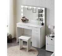 TUKAILAi Juego de tocador grande blanco con espejo Hollywood de 12 luces LED y taburete acolchado, mesa de maquillaje con 4 cajones y unidad de almacenamiento para dormitorio, niñas y mujeres