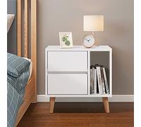 TUKAILAi Mesita de Noche Moderna Blanca con cajones y Almacenamiento Abierto, Patas de Madera Maciza con 2 cajones