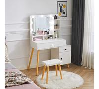 TUKAILAi Tocador Blanco con Luces de Hollywood, Tocador Extensible con Espejo, Taburete Acolchado y 2 Cajones, Estantes Abiertos y Mesita de Noche Deslizante, Organizador de Maquillaje Gratuito