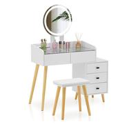 TUKAILAi Tocador con Espejo LED Luz y Taburete, Tocador de Maquillaje con 5 Cajóns, Mesa de Maquillaje con Luces LED de 3 Colores Estilo Moderno Cosmético para Dormitorio Blanco