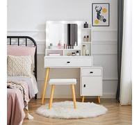 TUKAILAi Tocador con Espejo LED Luz y Taburete, Tocador de Maquillaje con 6 Estantes 3 Cajóns, Mesa de Maquillaje con Luces LED de 3 Colores Estilo Moderno Cosmético para Dormitorio Blanco