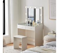 TUKAILAi Tocador con Espejo luz LED y Taburete, Tocador de Escritorio de Maquillaje de 2 Cajones, Mesa de Maquillaje Tablero de Cristal Moderno Cosmético para Dormitorio Blanco 80 * 40 * 140cm