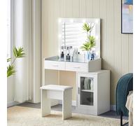 TUKAILAi Tocador con Espejo luz LED y Taburete, Tocador de Escritorio de Maquillaje de 2 Cajones y 1 Archivador, Mesa de Maquillaje Tablero de Cristal Moderno Cosmético para Dormitorio 105*40*140cm