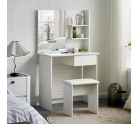 TUKAILAi Tocador con Espejo y Taburete, Tocador de Escritorio de Maquillaje de Cajone 3 Estantes, Mesa de Maquillaje Moderno para Dormitorio Blanco 75 * 40 * 140 CM (Sin LED)