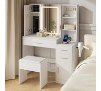 TUKAILAi Tocador de Maquillaje con Espejo Luz LED y Taburete, Blanco Mesa de Maquillaje 4 Cajones y 7 Estantes Abiertos, con Enchufes y Ganchos para Joyas Dormitorio 100 * 40 * 137CM