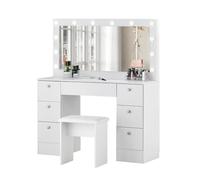 TUKAILAi Tocador de Maquillaje con Hollywood LED de 3 Colores, Tocador de Maquillaje Espejo Grande HD y 7 Cajones, Mueble de Dormitorio de Estilo Moderno 117 * 40 * 135 (Blanco)