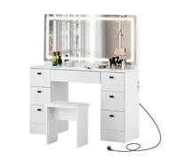TUKAILAi Tocador de Maquillaje con Hollywood LED de 3 Colores, Tocador de Maquillaje Espejo Grande HD y 7 Cajones, Mueble de Dormitorio de Estilo Moderno 117 * 40 * 135 (Blanco)