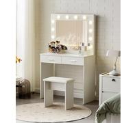 TUKAILAi Tocador de Maquillaje con Luz LED y Taburete 80x40x140cm, Blanco Mesa de Maquillaje Pequeño con 2 Cajones Grandes, Mesa de Tocador Hollywood LED Moderno para Dormitorio