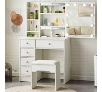 TUKAILAi Tocador de Maquillaje con Luz LED y Taburete, Escritorio de Maquillaje con 5 Cajones, Mesa de Tocador con Espejo Deslizante y 3 Estantes Blanco, Mueble de Dormitorio de Estilo Moderno