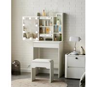 TUKAILAi Tocador de Maquillaje con Luz LED y Taburete, Escritorio de Maquillaje con Cajone, Mesa de Tocador con Espejo Deslizante y 3 Estantes Blanco, Mueble de Dormitorio de Estilo Moderno