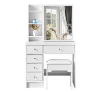 TUKAILAi Tocador de Maquillaje sin Luz, Escritorio de Maquillaje con 5 Cajones y Taburete, Mesa de Tocador con Espejo Deslizante y 3 Estantes Blanco, Mueble de Dormitorio de Estilo Moderno