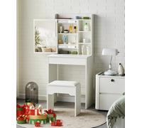 TUKAILAi Tocador de Maquillaje sin Luz, Escritorio de Maquillaje con Cajone y Taburete, Mesa de Tocador con Espejo Deslizante y 3 Estantes Blanco, Mueble de Dormitorio de Estilo Moderno