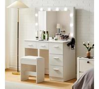 TUKAILAi Tocador LED con espejo y taburete USB, color blanco, 5 cajones, toma y soporte para secador, mesa de maquillaje moderna para niña, mueble de dormitorio