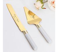 TUKDAK Personalized Cake Cutting Set for Wedding, Gold Silver Cake Knife and Server Set, Stainless Steel Custom Cake Serving Set, Engraved Pastry Pie Pizza Cutter Anniversary Christmas (Gold White)