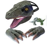 TuKIIE Máscara de dinosaurio con mandíbula móvil, máscara de dinosaurio raptor y 2 manos de dinosaurio, máscara de velociraptor, máscara de disfraz de dinosaurio azul, máscara de Halloween para niños