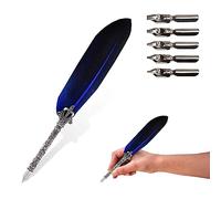 TUKNN Pluma Caligrafía, Pluma con Pluma, Plumas Escribir, Pluma Plumas Vintage, Quill Feather Pen Set con 5 puntas de repuesto, Azul