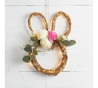 TUKRKRS 12.6" Lighted Easter Bunny Wreath - Rabbit Shape Spring Wreath with 30 LED Warm Lights - Artificial Floral Wall Decor for Front Door, Mantel Porch (Battery Not Included)