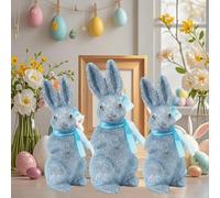 TUKRKRS 3 Pack White Foam Easter Rabbits Decoration - Cute Standing Bunny Ornaments with Ribbon, Artificial Animal Craft for DIY Wreath, Mantel, Shelf & Spring Farmhouse Decor(Blue Rabbit)