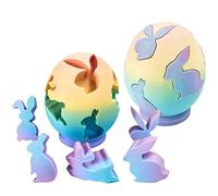 TUKRKRS 3D Printed Easter Rabbit Egg Figurine - Multicolor Gradient Bunny Puzzle Statue with Stand, Unique Art Building Block Set for Spring Home Decoration Gift Idea(10cm)