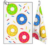 TUKRKRS Donut Print Microfiber Golf Towel with Aluminum Hook - 15.75"x23.62" for Men Women - Quick Dry Absorbent for Clubs Balls Hands - Fun Food Design
