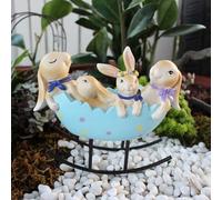 TUKRKRS Easter Bunny Family in Cracking Egg - 4 Cute Rabbits Rocking Ornament, Hand Painted Blue Eggshell Statue for Home Decor, Shelf, Desk Party Favor