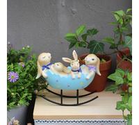 TUKRKRS Easter Bunny Family in Rocking Egg Statue - Cute Resin Rabbit Trio Sitting in Blue Shell with Metal Rocker, Funny Moving Animal Figurine for Table, Patio and Spring Decor