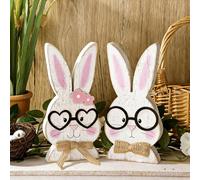 TUKRKRS Easter Decorations for Home Wooden Bunny Couple - Rustic Spring Decor Rabbit Figurines with Glasses, Hand-Painted Distressed Wood Statues with Burlap Bows for Tabletop, Shelf