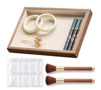 TUKRKRS Mother’s Day Gift Complete Set Velvet Jewelry Tray with 10 Storage Pouches and 2 Soft Brushes, Stackable Wooden Organizer, Premium Lining, Rounded Edges, for Rings Earrings Necklaces(Flat)