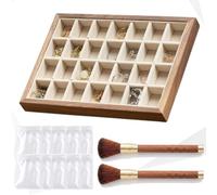 TUKRKRS Mother’s Day Gift Complete Set Velvet Jewelry Tray with 10 Storage Pouches and 2 Soft Brushes, Stackable Wooden Organizer, Premium Lining, Rounded Edges, for Rings Earrings Necklaces(28 grid)