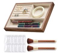 TUKRKRS Mother’s Day Gift Velvet Jewelry Tray with 10 Pouches and 2 Brushes, Stackable Wooden Organizer, for Rings Earrings Necklaces, Ends Tangled Chains(2grid+5 line)