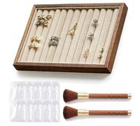 TUKRKRS Mother’s Day Gift Velvet Jewelry Tray with 10 Pouches and 2 Brushes, Stackable Wooden Organizer, for Rings Earrings Necklaces, Ends Tangled Chains(12 Line)
