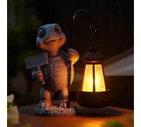 TUKRKRS Ornaments Solar Light Up Statue - Welcoming Turtle & Yak Animal Figurines Holding Lantern, Weatherproof Outdoor Decoration for Front Door, Walkway, Balcony & Landscape(Tortoise (Stone Gray))