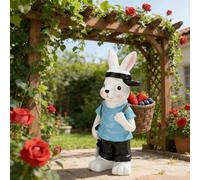 TUKRKRS Rustic Farmhouse Easter Bunny Statue - Standing Rabbit Figurine Wearing Blue Overalls and Woven Backpack, Country Style Animal Decor for Table, Shelf and Mantle(Rabbit Wearing a Hat)