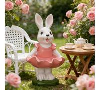 TUKRKRS Rustic Farmhouse Easter Bunny Statue - Standing Rabbit Figurine Wearing Blue Overalls and Woven Backpack, Country Style Animal Decor for Table, Shelf and Mantle(Rabbit with a Pink Skirt)