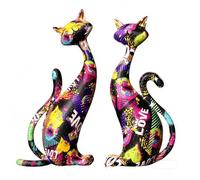 TUKRKRS Valentine's Day Painted Resin Cat Ornaments Set of 2 Cute Feline Sculpture Artistic Animal Statue Decoration Gift for Cat Lovers Mom Women Aesthetic Room Decor(Black and Colored)
