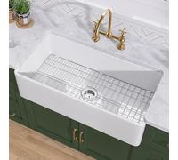 TUKTUK Fregadero de granja blanco de 83,8 cm - Delantal de arcilla refractaria - Fregadero de cocina simple - Cuenco profundo - Reversible - Robusto - Fácil de limpiar - Hecho de porcelana - Accesorio