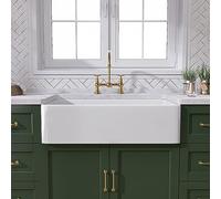 TUKTUK Fregadero blanco de granja de 30 pulgadas, delantal de arcilla refractaria, fregadero de cocina de un solo tazón frontal, fregadero de cocina reversible resistente y fácil de limpiar con kit de