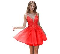 Tul Vestidos de noche con Encaje Corto Cintas de espagueti V-cuello Una línea Bordado Vestidos de regreso, rojo, 40