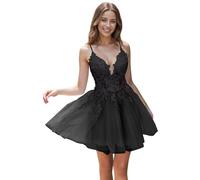 Tul Vestidos de noche con Encaje Corto Cintas de espagueti V-cuello Una línea Bordado Vestidos de regreso, Negro , 46