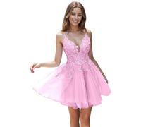 Tul Vestidos de noche con Encaje Corto Cintas de espagueti V-cuello Una línea Bordado Vestidos de regreso, Rosa., 38