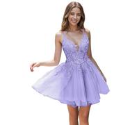 Tul Vestidos de noche con Encaje Corto Cintas de espagueti V-cuello Una línea Bordado Vestidos de regreso, lavanda, 40