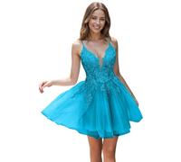 Tul Vestidos de noche con Encaje Corto Cintas de espagueti V-cuello Una línea Bordado Vestidos de regreso, azul, 44