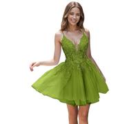 Tul Vestidos de noche con Encaje Corto Cintas de espagueti V-cuello Una línea Bordado Vestidos de regreso, verde oliva, 50