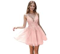Tul Vestidos de noche con Encaje Corto Cintas de espagueti V-cuello Una línea Bordado Vestidos de regreso, Rubor, 40